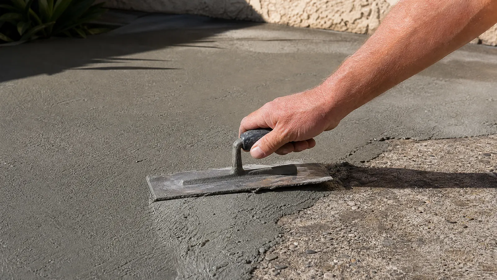 Close-up of spray-on concrete resurfacing being applied with professional spray equipment showing textured finish being created