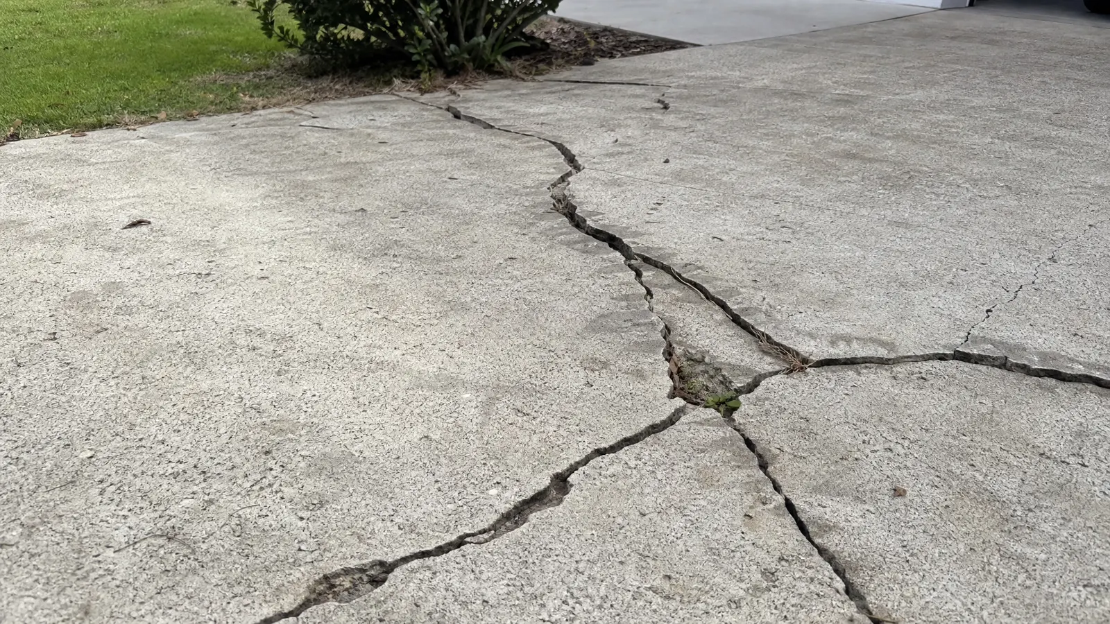 Close-up view of wide structural cracks running through an aged concrete driveway surface with weeds growing through the gaps