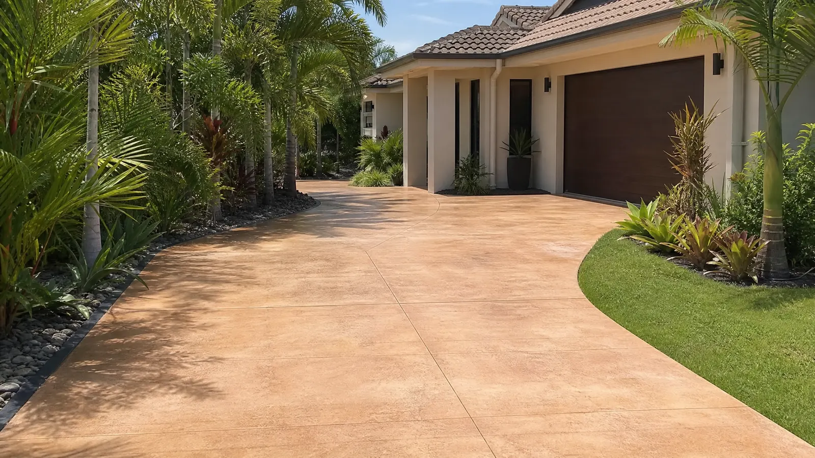 Coloured concrete driveway with warm sandstone tones complementing a modern Gold Coast home exterior with tropical landscaping