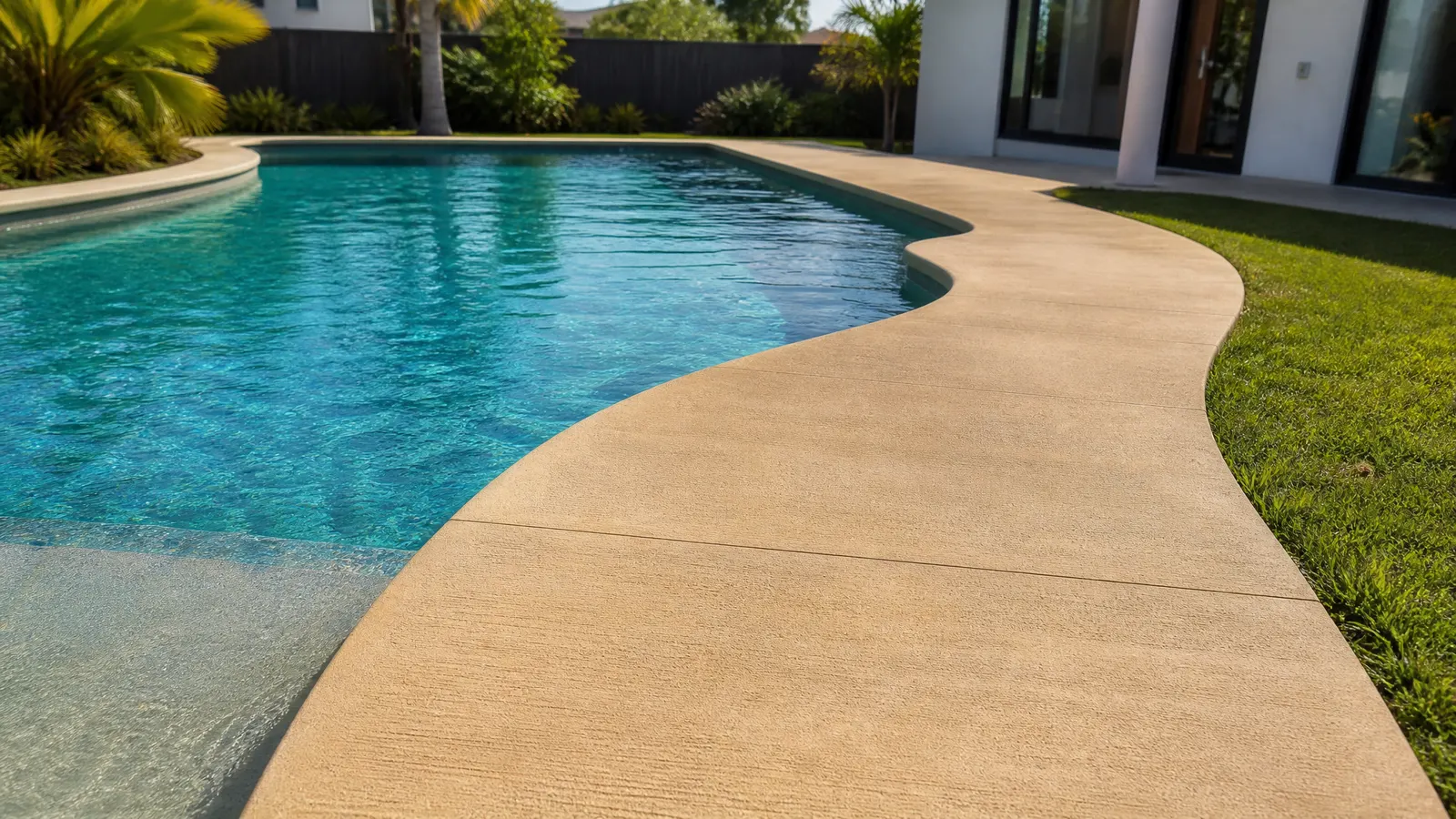 Coloured concrete pool surround with broom finish in sandstone tone around a rectangular swimming pool on Gold Coast property