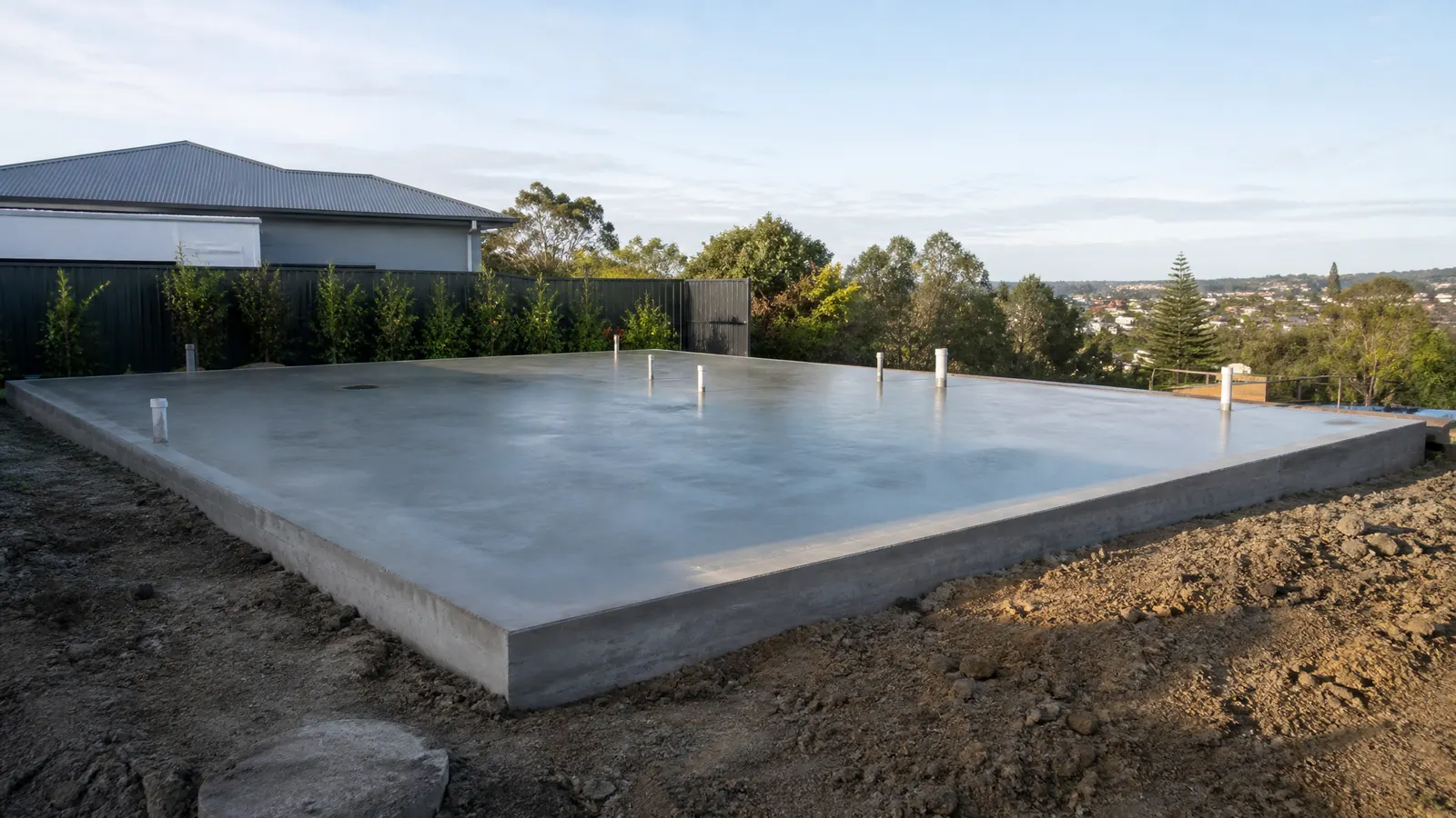 Completed concrete house slab with edge beams and plumbing penetrations ready for construction on a Gold Coast residential lot