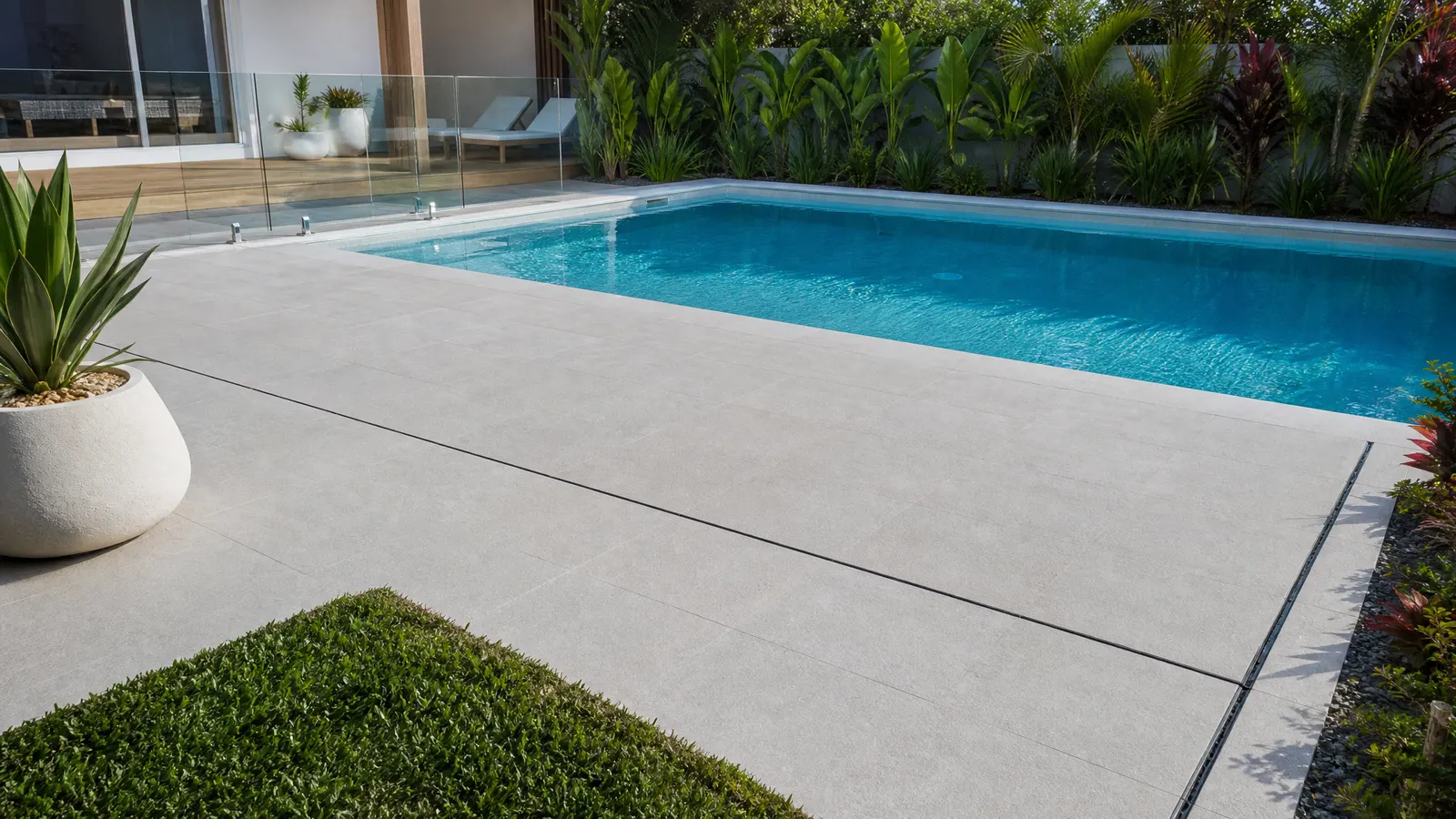 Completed concrete pool surround with integrated drainage channel and exposed aggregate finish on a luxury Gold Coast pool area
