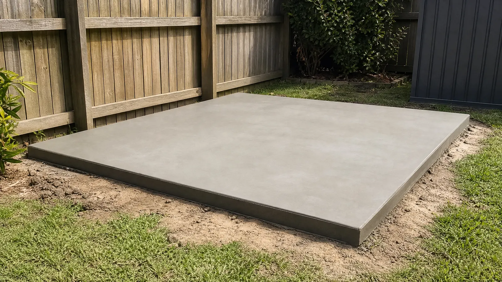 Completed concrete shed slab with smooth surface finish and proper drainage fall visible on a sunny Gold Coast residential property