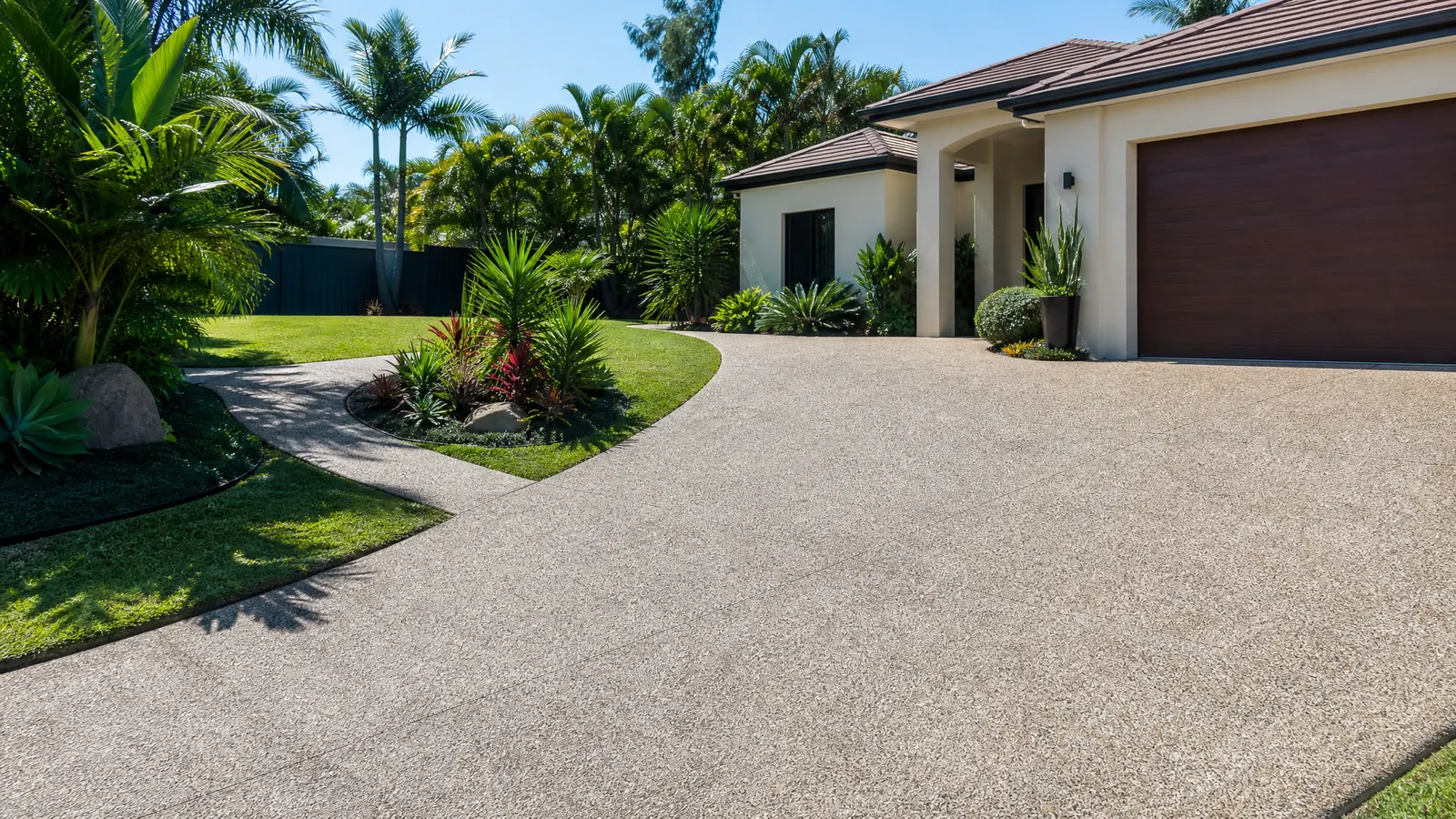 Completed exposed aggregate project including driveway paths and patio with matching stone blend on Gold Coast property