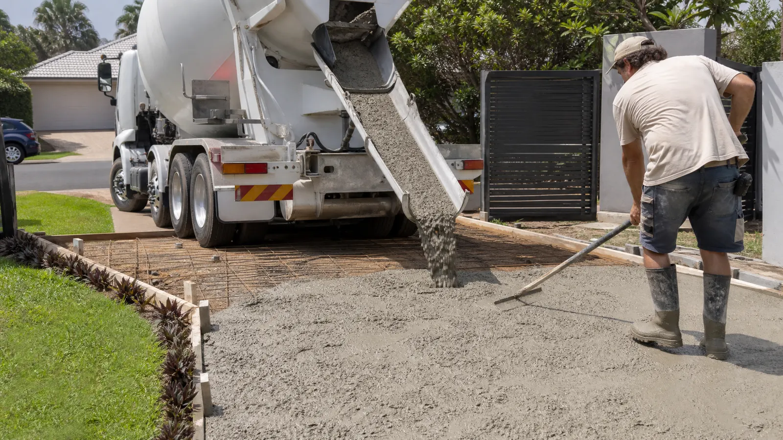Concrete truck pouring fresh concrete into driveway formwork with steel reinforcing mesh visible on a residential Gold Coast site