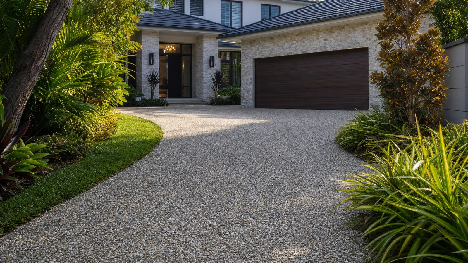 Elegant exposed aggregate driveway with custom stone blend and charcoal coloured concrete borders on a Gold Coast luxury home