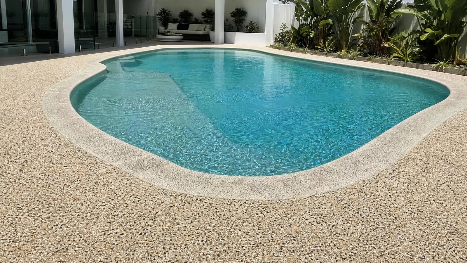 Exposed aggregate pool surround with integrated concrete steps and retaining wall on a sloping Gold Coast backyard property