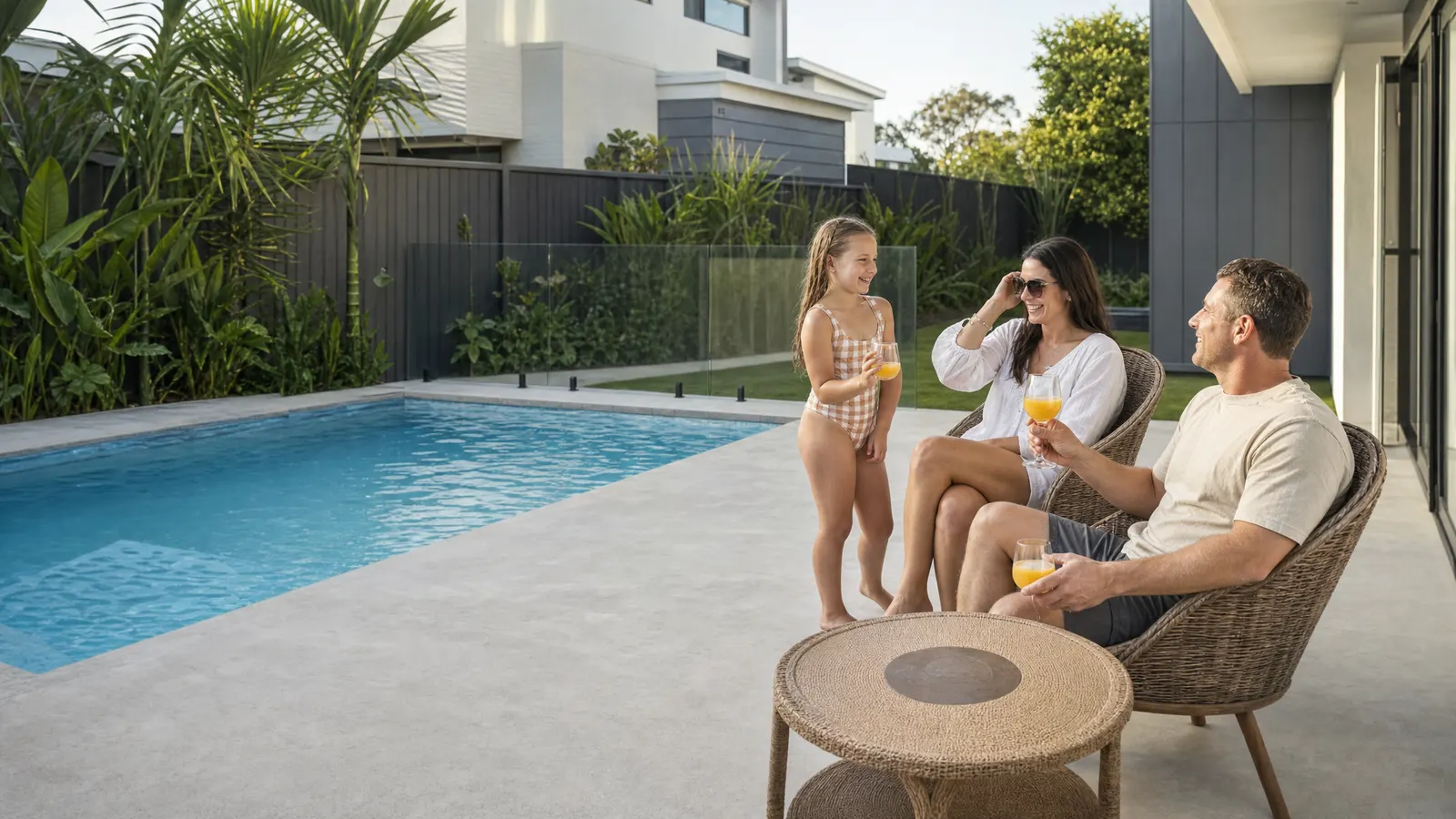 Family enjoying a completed concrete pool surround with exposed aggregate finish outdoor furniture and tropical landscaping Gold Coast