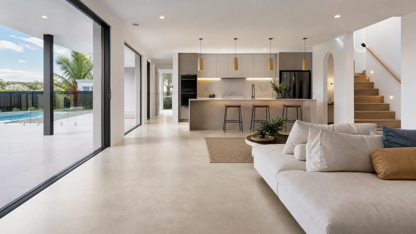 Large format porcelain tiles installed in a bright modern Gold Coast kitchen with natural light and ocean views visible
