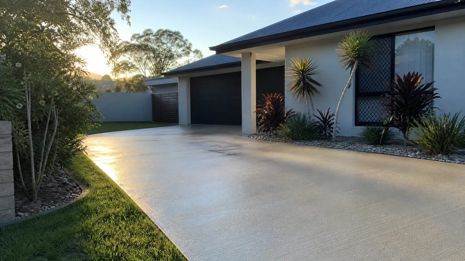Newly sealed concrete driveway reflecting warm afternoon light with surrounding subtropical garden on a Gold Coast property