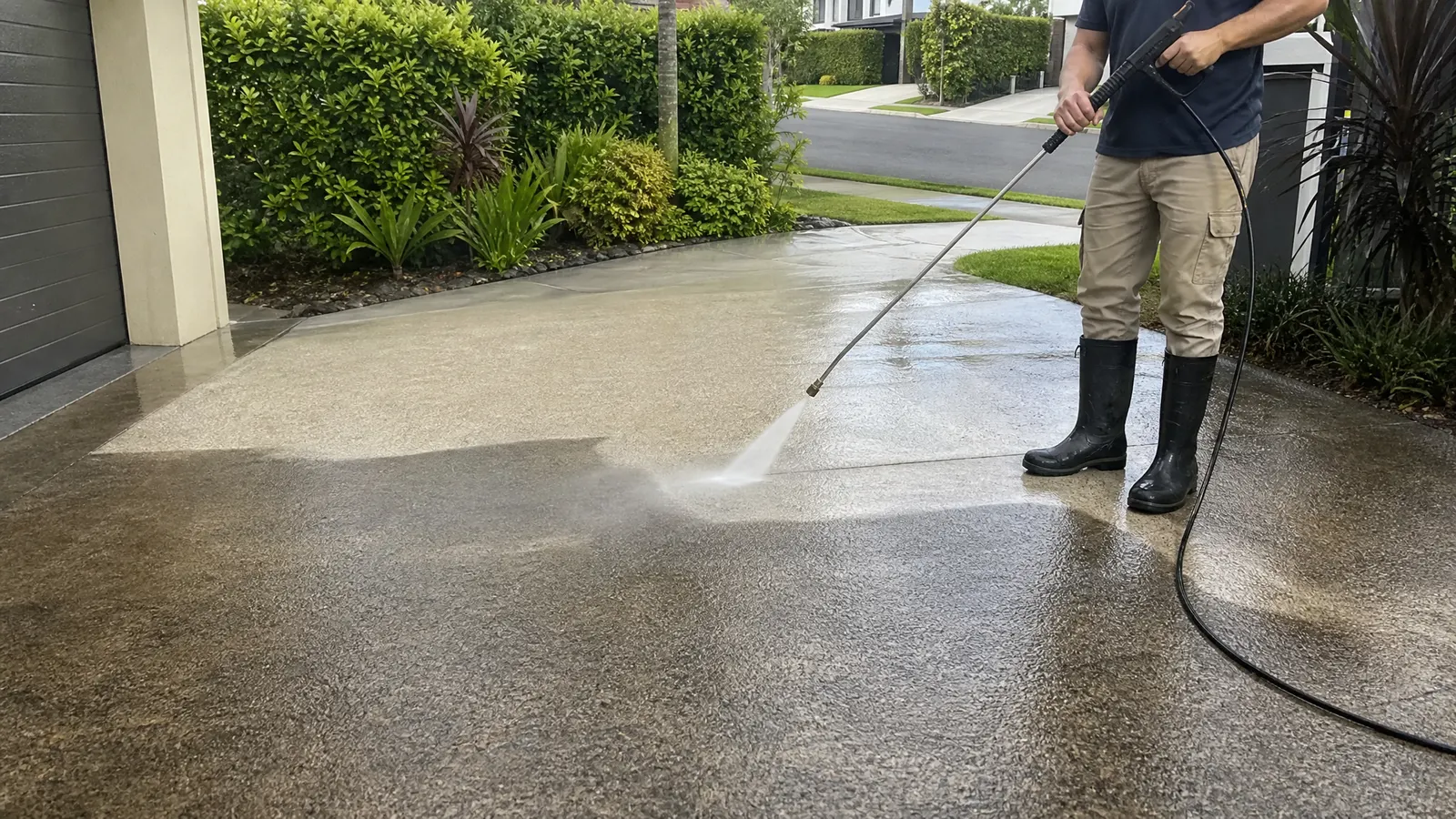 Person pressure washing a concrete driveway removing built-up dirt and algae stains on a Gold Coast home during maintenance