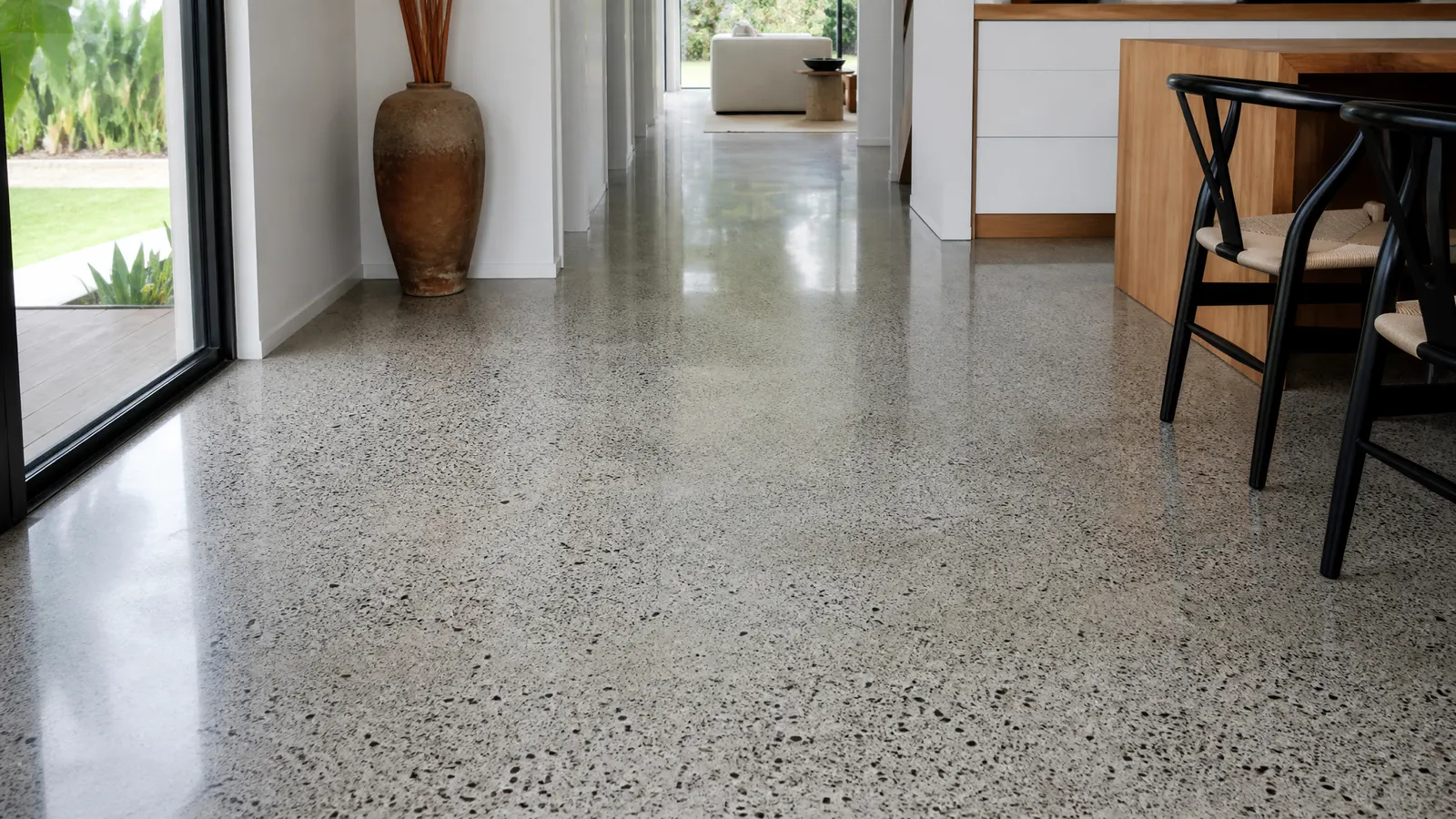 Polished concrete floor with salt and pepper aggregate finish in an open plan Gold Coast kitchen and living area