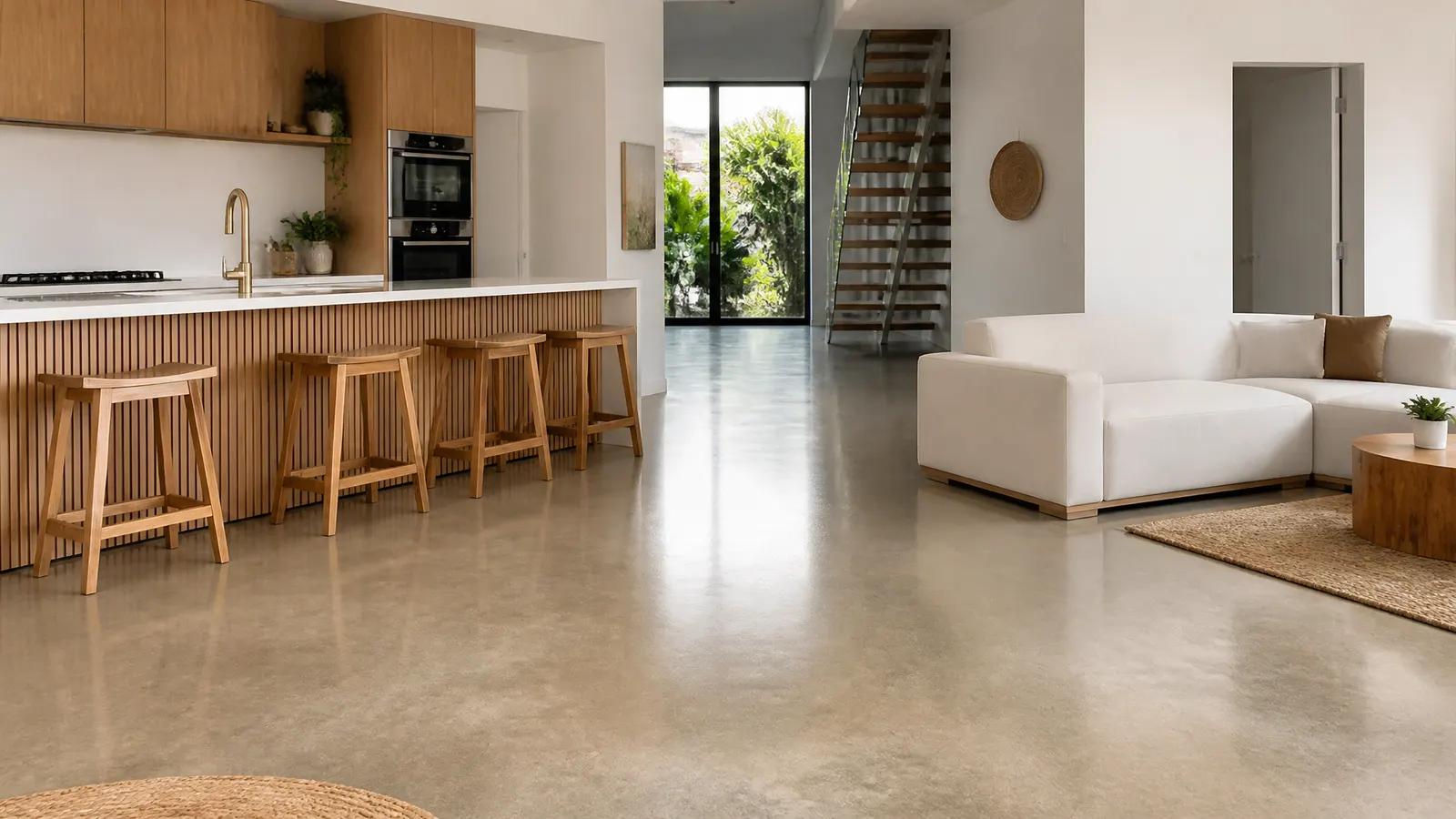 Polished concrete floor with warm natural tones in an open plan Gold Coast living and dining area with large glass windows