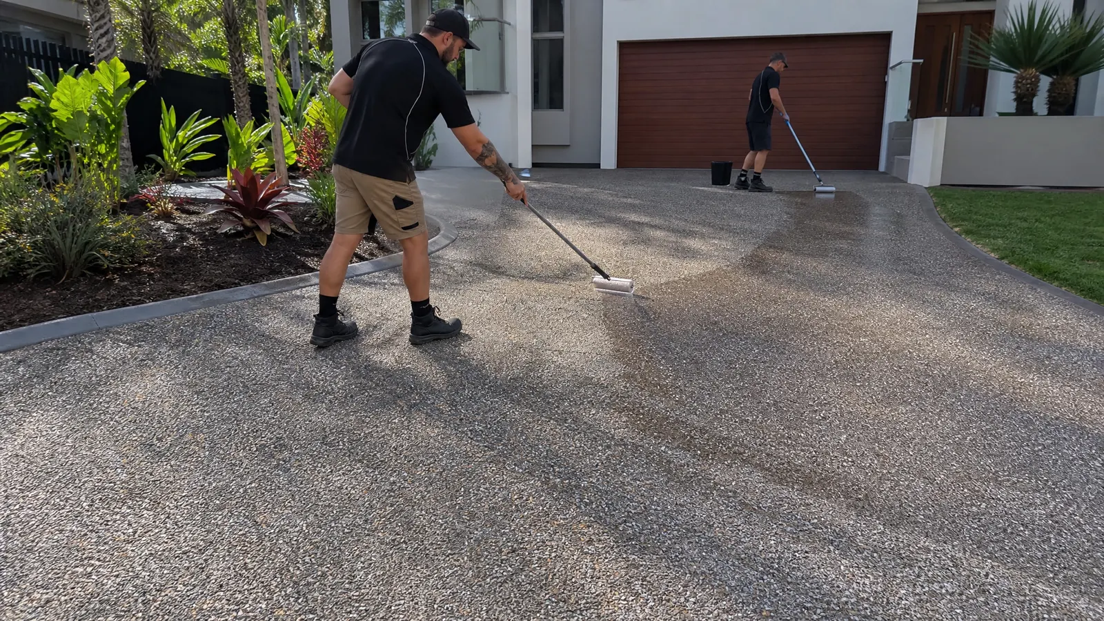 Professional team sealing a large exposed aggregate pool surround with roller application on a sunny Gold Coast afternoon