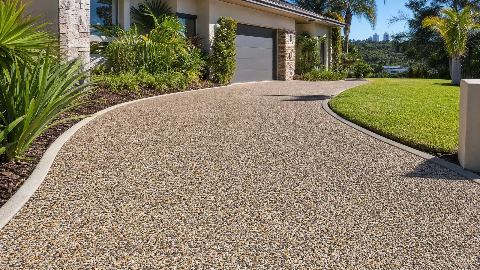 Wide exposed aggregate driveway with warm stone blend and coloured concrete borders leading to a double garage on Gold Coast