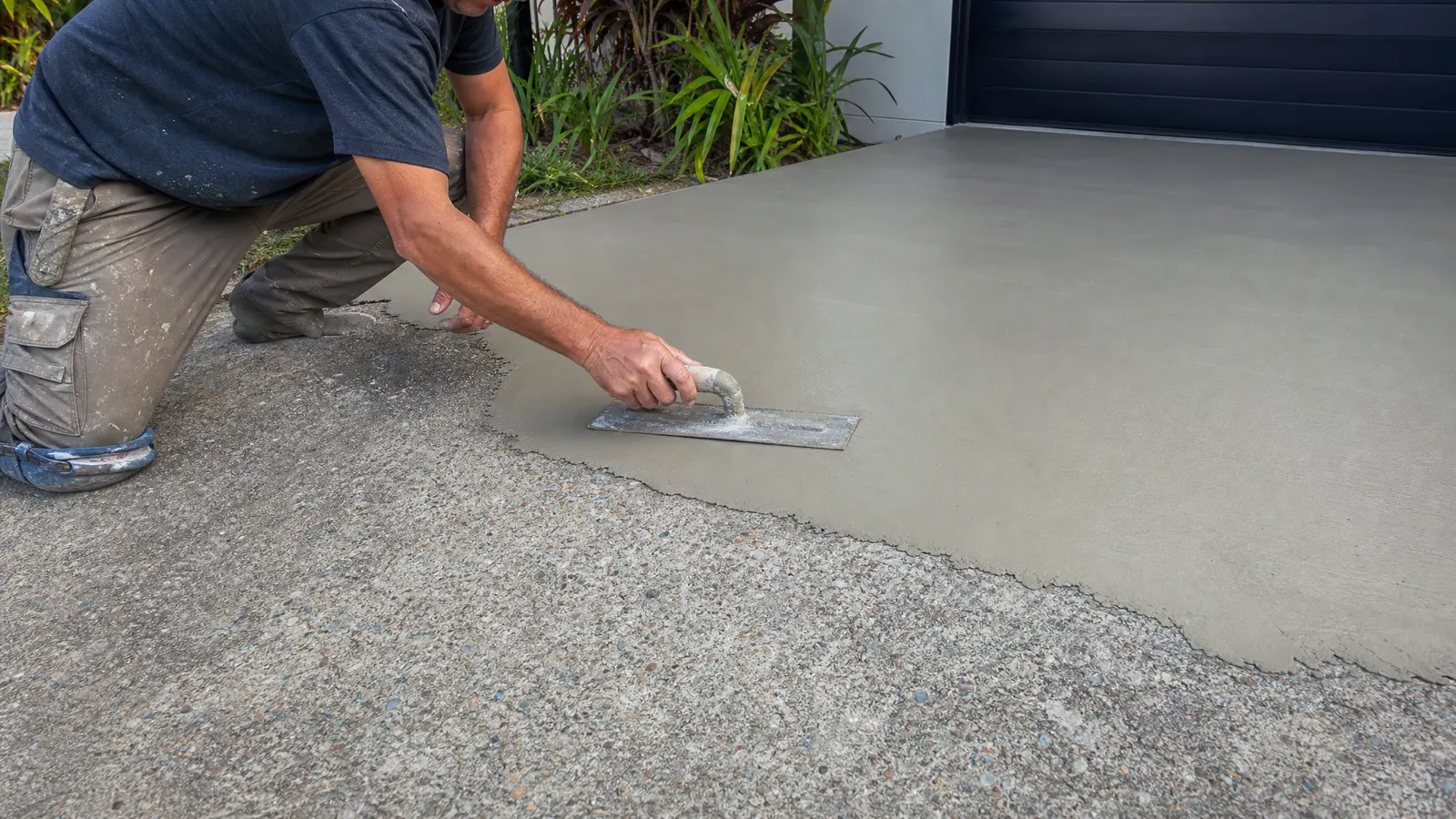 Worker applying concrete resurfacing overlay with trowel over prepared existing driveway surface on a Gold Coast residential property